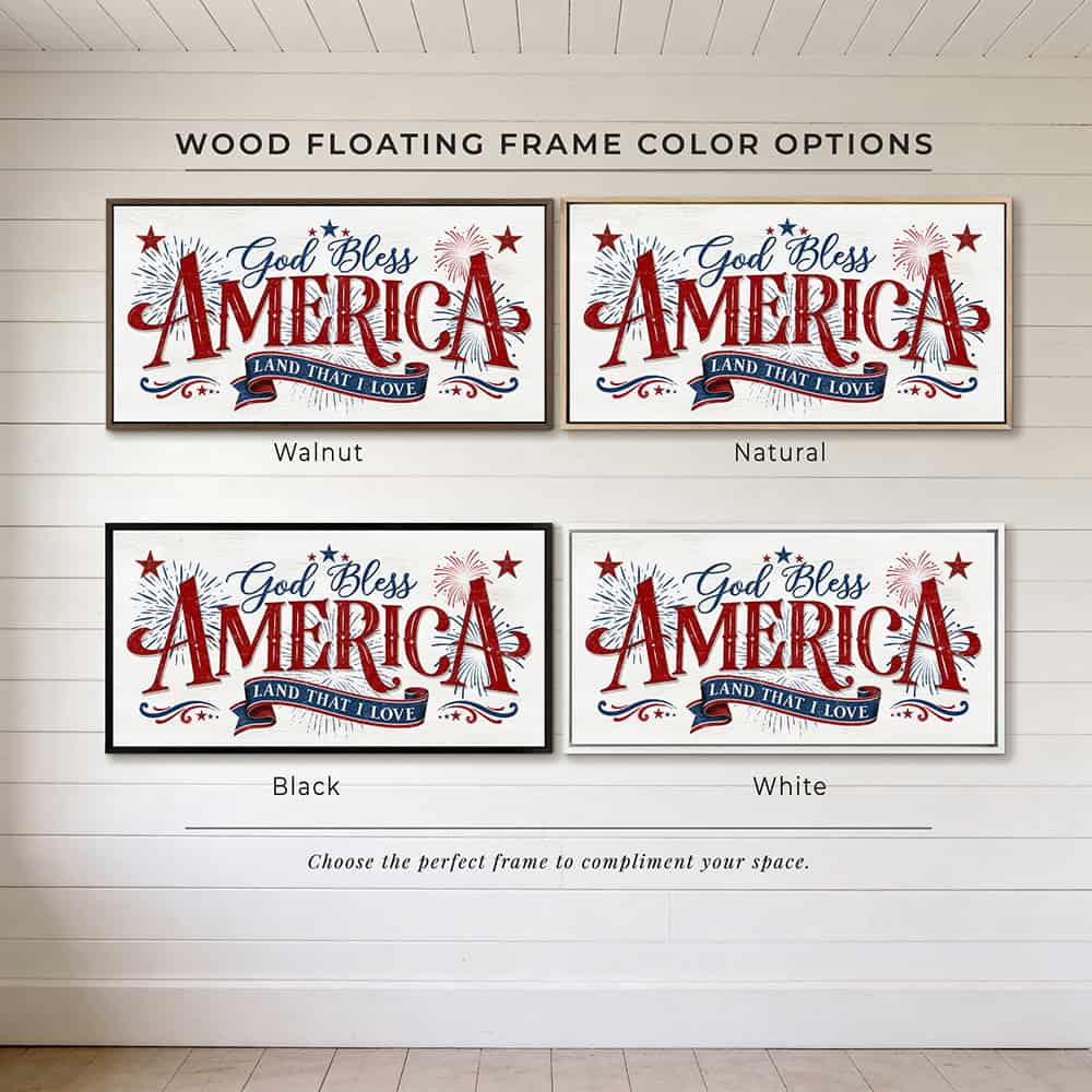 Celebrate America’s 250th anniversary with this God Bless America wall art by Toe Fish Art, a timeless tribute to faith, freedom, and patriotism in red, white, and blue, with a heartfelt message surrounded by stars and fireworks, perfect for 4th of July decor. Choose between premium framed canvas or durable outdoor metal. Toe Fish Art makes artisan wall art with American materials. Proudly Made in the USA, each piece is expertly constructed with genuine craftsmanship, heritage quality, and rustic charm.