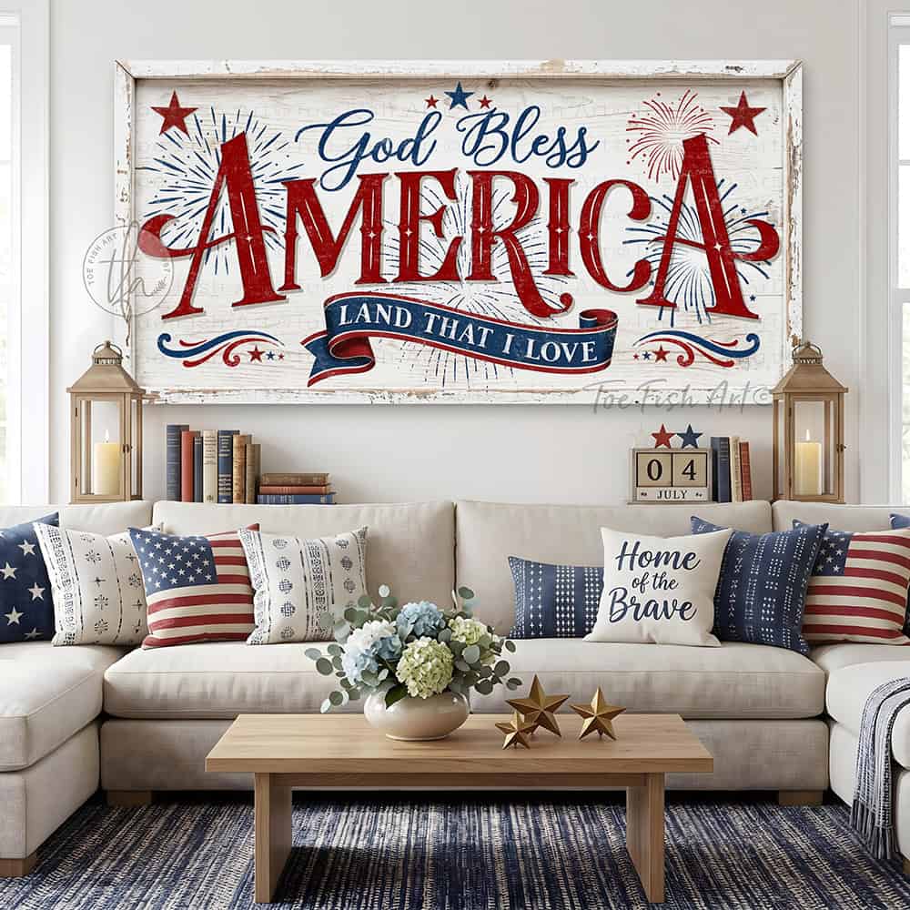 Celebrate America’s 250th anniversary with this God Bless America wall art by Toe Fish Art, a timeless tribute to faith, freedom, and patriotism in red, white, and blue, with a heartfelt message surrounded by stars and fireworks, perfect for 4th of July decor. Choose between premium framed canvas or durable outdoor metal. Toe Fish Art makes artisan wall art with American materials. Proudly Made in the USA, each piece is expertly constructed with genuine craftsmanship, heritage quality, and rustic charm.
