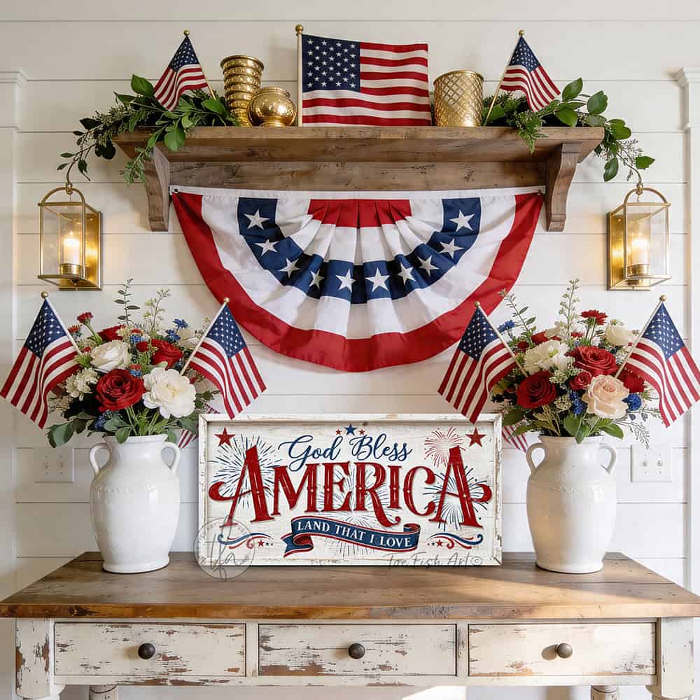 Celebrate America’s 250th anniversary with this God Bless America wall art by Toe Fish Art, a timeless tribute to faith, freedom, and patriotism in red, white, and blue, with a heartfelt message surrounded by stars and fireworks, perfect for 4th of July decor. Choose between premium framed canvas or durable outdoor metal. Toe Fish Art makes artisan wall art with American materials. Proudly Made in the USA, each piece is expertly constructed with genuine craftsmanship, heritage quality, and rustic charm.
