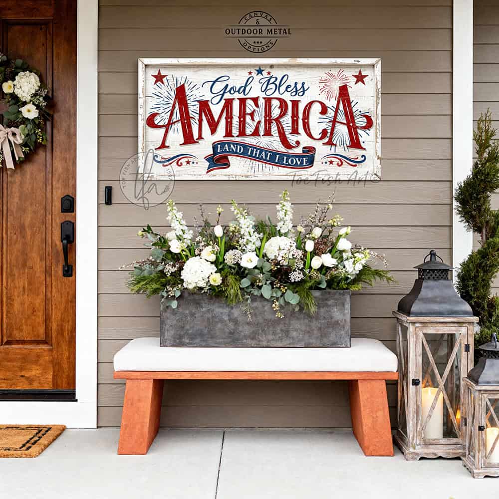 Celebrate America’s 250th anniversary with this God Bless America wall art by Toe Fish Art, a timeless tribute to faith, freedom, and patriotism in red, white, and blue, with a heartfelt message surrounded by stars and fireworks, perfect for 4th of July decor. Choose between premium framed canvas or durable outdoor metal. Toe Fish Art makes artisan wall art with American materials. Proudly Made in the USA, each piece is expertly constructed with genuine craftsmanship, heritage quality, and rustic charm.