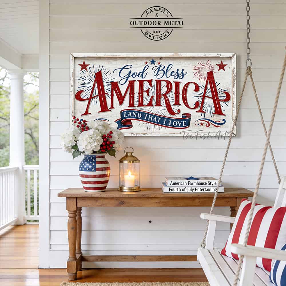 Celebrate America’s 250th anniversary with this God Bless America wall art by Toe Fish Art, a timeless tribute to faith, freedom, and patriotism in red, white, and blue, with a heartfelt message surrounded by stars and fireworks, perfect for 4th of July decor. Choose between premium framed canvas or durable outdoor metal. Toe Fish Art makes artisan wall art with American materials. Proudly Made in the USA, each piece is expertly constructed with genuine craftsmanship, heritage quality, and rustic charm.