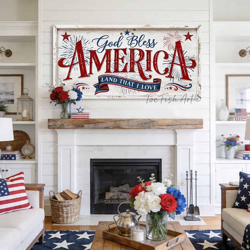 Celebrate America’s 250th anniversary with this God Bless America wall art by Toe Fish Art, a timeless tribute to faith, freedom, and patriotism in red, white, and blue, with a heartfelt message surrounded by stars and fireworks, perfect for 4th of July decor. Choose between premium framed canvas or durable outdoor metal. Toe Fish Art makes artisan wall art with American materials. Proudly Made in the USA, each piece is expertly constructed with genuine craftsmanship, heritage quality, and rustic charm.