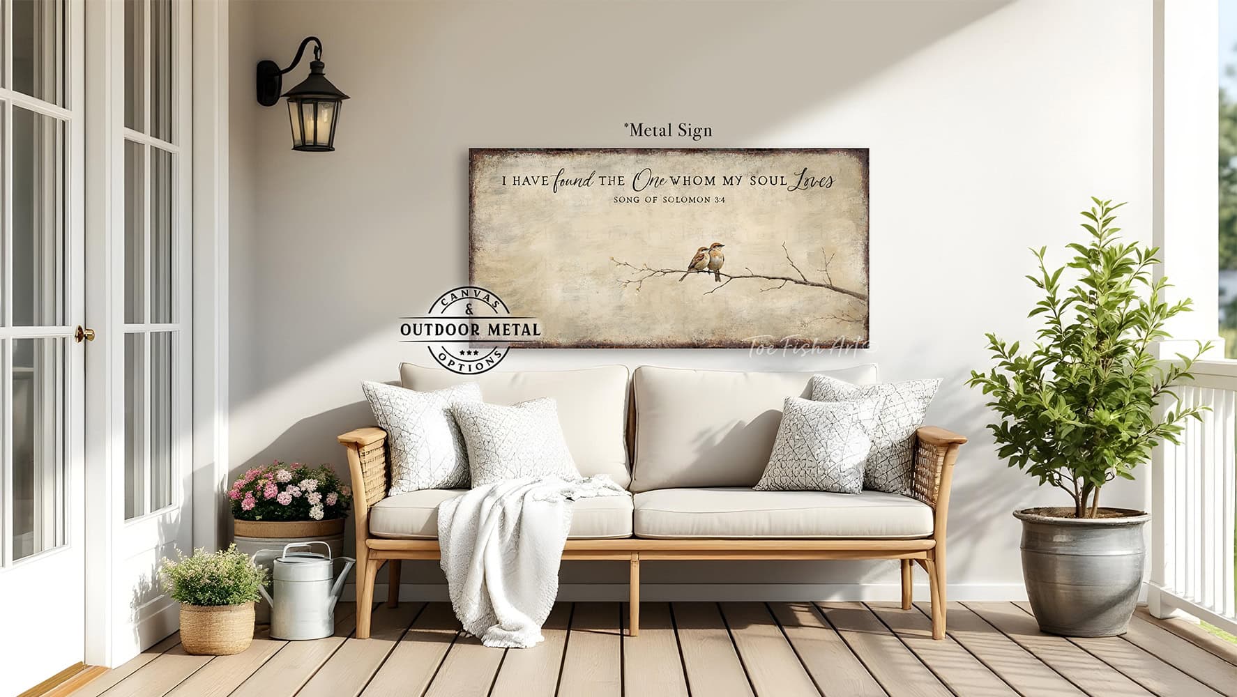 This faith-based wall decor brings the message "I Have Found the One Whom My Soul Loves" to your home through a quaint depiction of two love birds sharing a quiet moment. The artwork conveys a sense of peace, calm, and deep connection. Choose between premium framed canvas or durable outdoor metal. Toe Fish Art makes artisan wall art with American materials. Proudly Made in the USA, each piece is expertly constructed with genuine craftsmanship, heritage quality, and rustic charm.