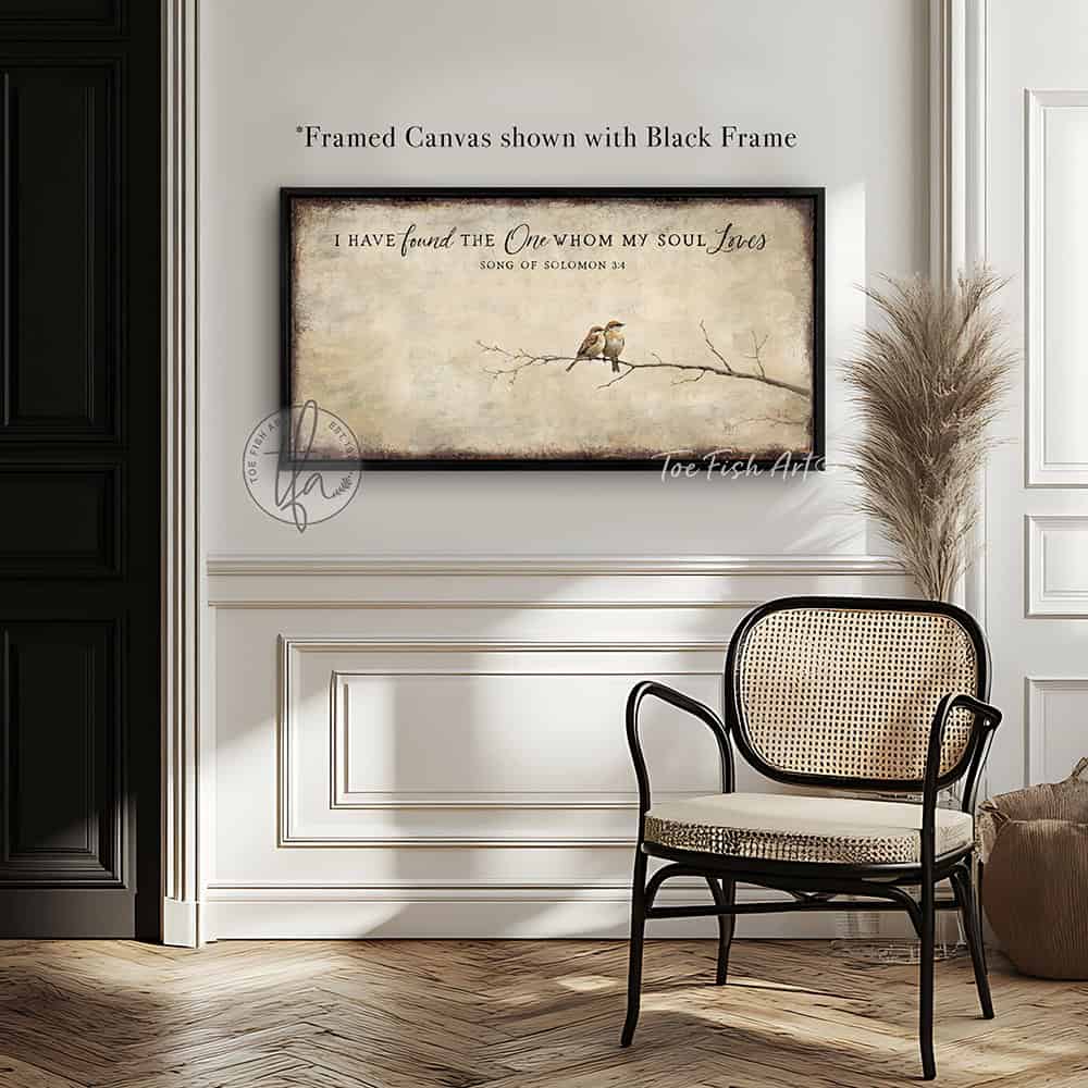 This faith-based wall decor brings the message "I Have Found the One Whom My Soul Loves" to your home through a quaint depiction of two love birds sharing a quiet moment. The artwork conveys a sense of peace, calm, and deep connection. Choose between premium framed canvas or durable outdoor metal. Toe Fish Art makes artisan wall art with American materials. Proudly Made in the USA, each piece is expertly constructed with genuine craftsmanship, heritage quality, and rustic charm.