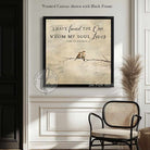 This faith-based wall decor brings the message "I Have Found the One Whom My Soul Loves" to your home through a quaint depiction of two love birds sharing a quiet moment in this square-shaped wall art. The painting conveys a sense of peace, calm, and connection. Choose between premium framed canvas or durable outdoor metal. Toe Fish Art makes artisan wall art with American materials. Proudly Made in the USA, each piece is expertly constructed with genuine craftsmanship, heritage quality, and rustic charm.
