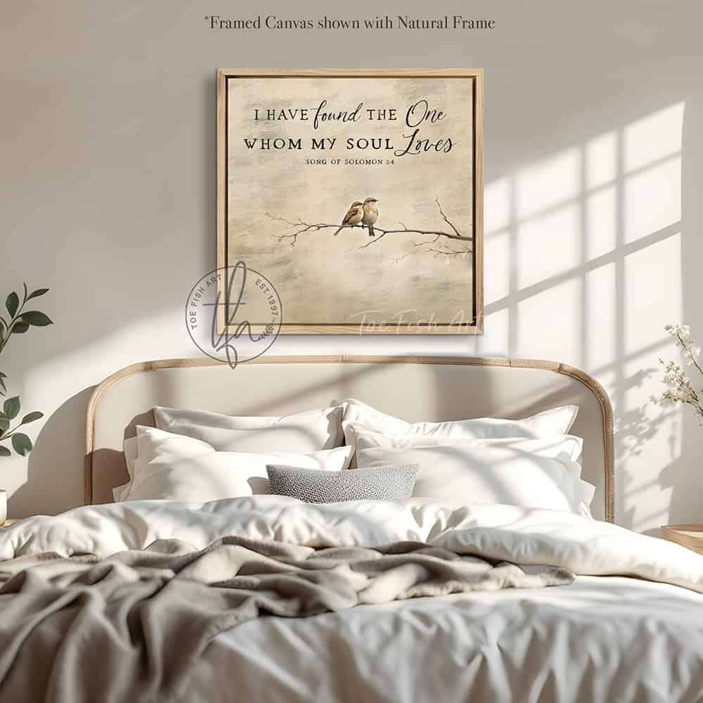 This faith-based wall decor brings the message "I Have Found the One Whom My Soul Loves" to your home through a quaint depiction of two love birds sharing a quiet moment in this square-shaped wall art. The painting conveys a sense of peace, calm, and connection. Choose between premium framed canvas or durable outdoor metal. Toe Fish Art makes artisan wall art with American materials. Proudly Made in the USA, each piece is expertly constructed with genuine craftsmanship, heritage quality, and rustic charm.