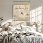 This faith-based wall decor brings the message "I Have Found the One Whom My Soul Loves" to your home through a quaint depiction of two love birds sharing a quiet moment in this square-shaped wall art. The painting conveys a sense of peace, calm, and connection. Choose between premium framed canvas or durable outdoor metal. Toe Fish Art makes artisan wall art with American materials. Proudly Made in the USA, each piece is expertly constructed with genuine craftsmanship, heritage quality, and rustic charm.