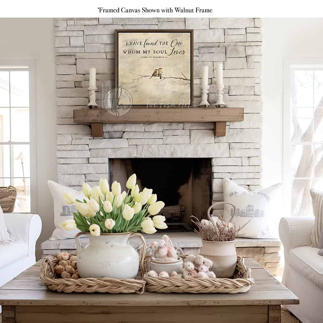 This faith-based wall decor brings the message "I Have Found the One Whom My Soul Loves" to your home through a quaint depiction of two love birds sharing a quiet moment in this square-shaped wall art. The painting conveys a sense of peace, calm, and connection. Choose between premium framed canvas or durable outdoor metal. Toe Fish Art makes artisan wall art with American materials. Proudly Made in the USA, each piece is expertly constructed with genuine craftsmanship, heritage quality, and rustic charm.