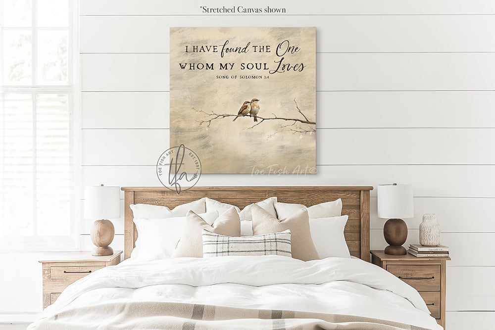 This faith-based wall decor brings the message "I Have Found the One Whom My Soul Loves" to your home through a quaint depiction of two love birds sharing a quiet moment in this square-shaped wall art. The painting conveys a sense of peace, calm, and connection. Choose between premium framed canvas or durable outdoor metal. Toe Fish Art makes artisan wall art with American materials. Proudly Made in the USA, each piece is expertly constructed with genuine craftsmanship, heritage quality, and rustic charm.