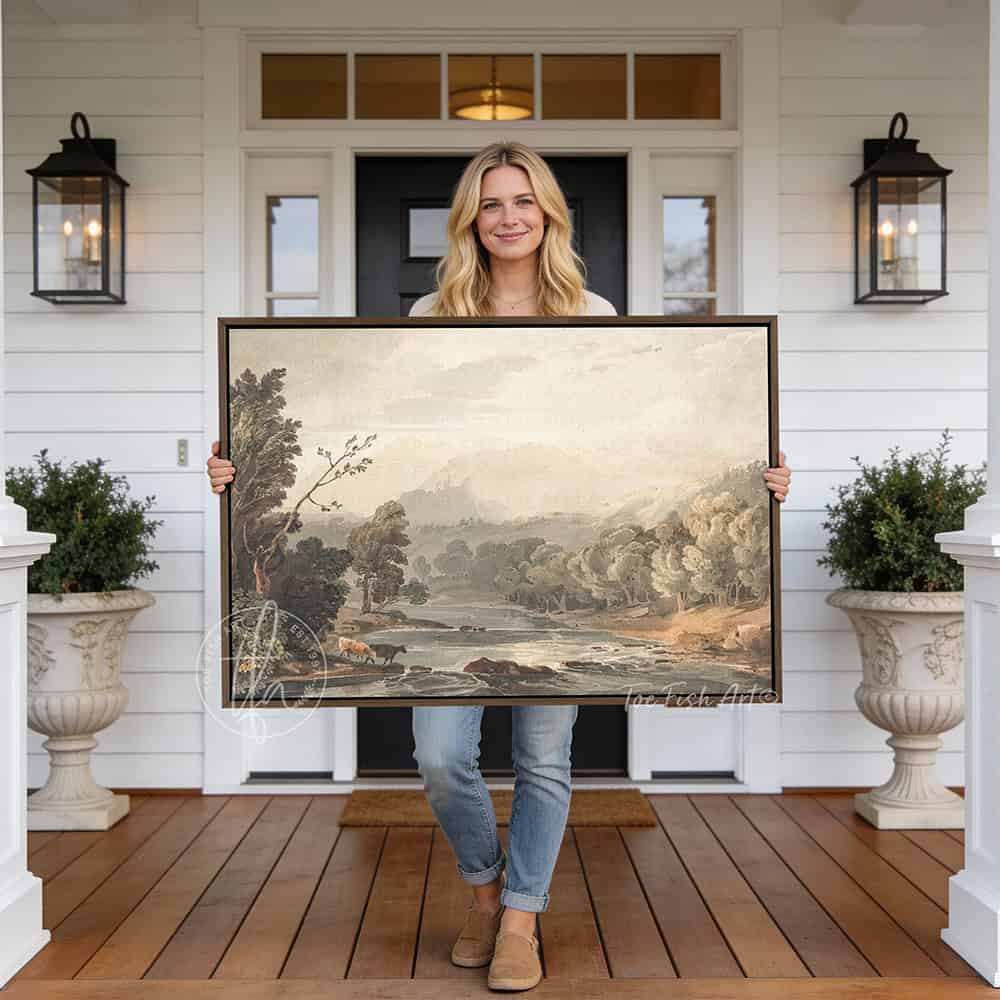 This peaceful Mountain River Valley Landscape—Framed Wall Decor by Toe Fish Art features a serene river valley resting below a distant sunlit mountainside. Your home shouldn’t just look beautiful—it should feel like your favorite place. Be surrounded by decor you LOVE! Toe Fish Art makes artisan wall art with American materials. Proudly Made in the USA, each piece is expertly constructed with genuine craftsmanship, heritage quality, and rustic charm.