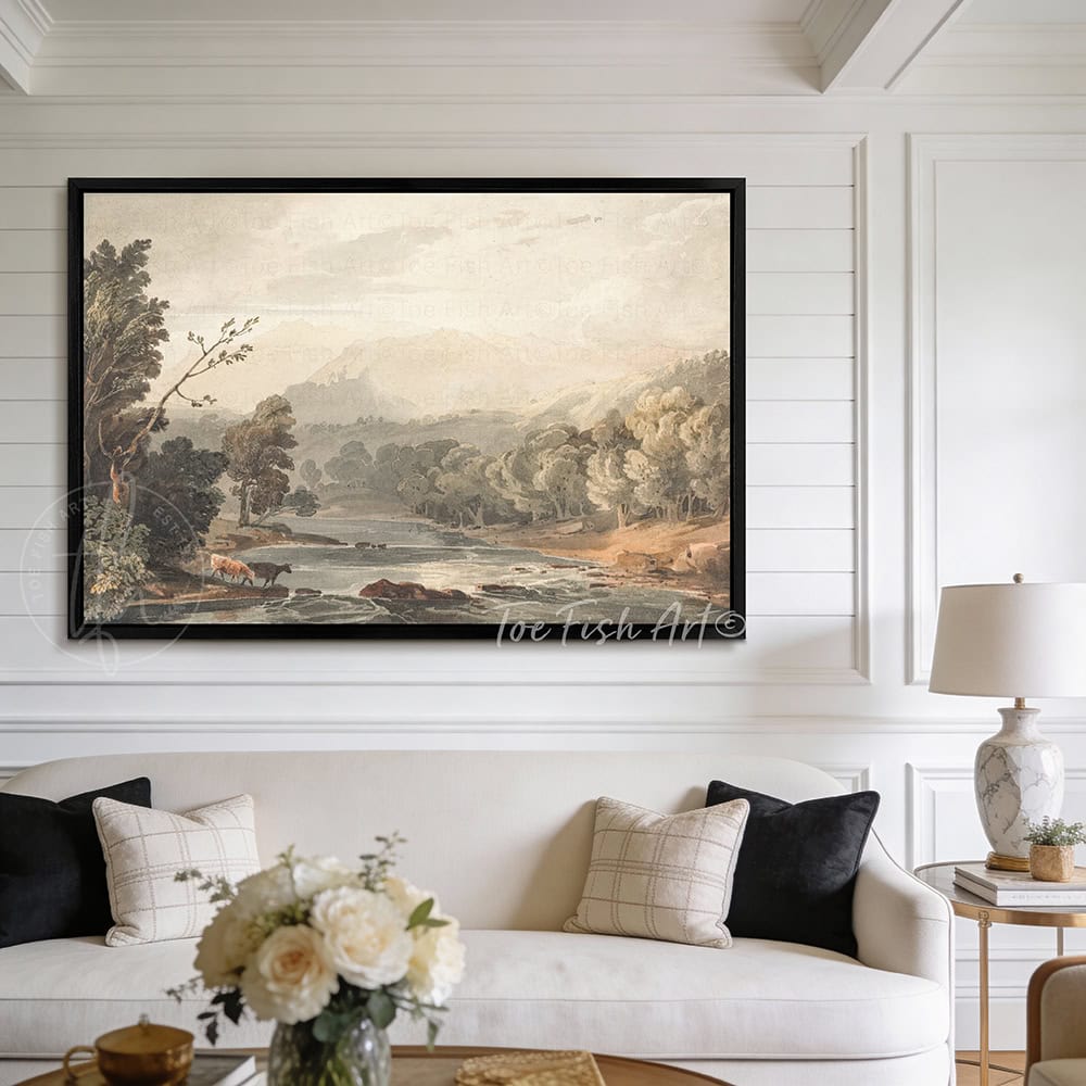 This peaceful Mountain River Valley Landscape—Framed Wall Decor by Toe Fish Art features a serene river valley resting below a distant sunlit mountainside. Your home shouldn’t just look beautiful—it should feel like your favorite place. Be surrounded by decor you LOVE! Toe Fish Art makes artisan wall art with American materials. Proudly Made in the USA, each piece is expertly constructed with genuine craftsmanship, heritage quality, and rustic charm.