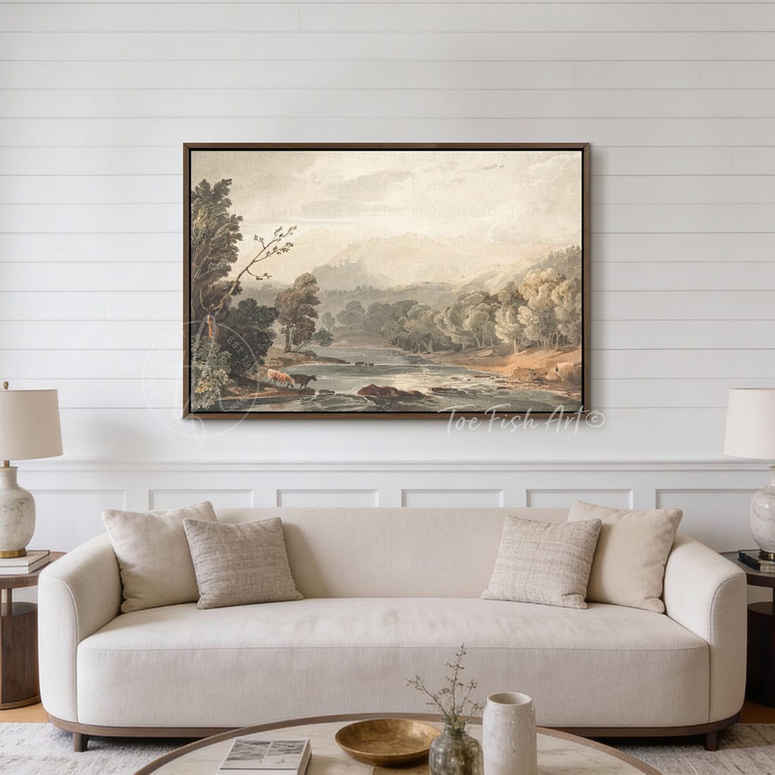 This peaceful Mountain River Valley Landscape—Framed Wall Decor by Toe Fish Art features a serene river valley resting below a distant sunlit mountainside. Your home shouldn’t just look beautiful—it should feel like your favorite place. Be surrounded by decor you LOVE! Toe Fish Art makes artisan wall art with American materials. Proudly Made in the USA, each piece is expertly constructed with genuine craftsmanship, heritage quality, and rustic charm.