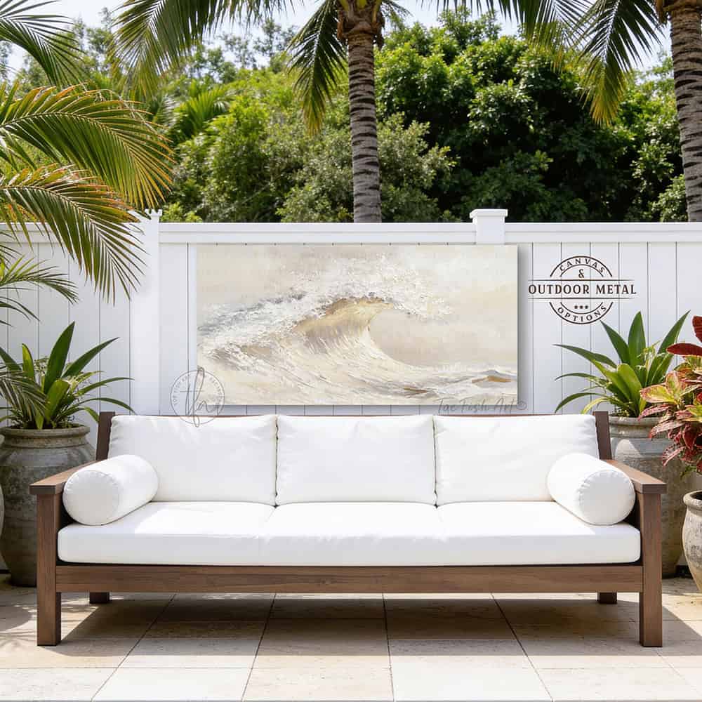 Bring coastal serenity into your home with this stunning Ocean Wave Wall Art exclusively by Toe Fish Art. The color palette is serene neutral tones—soft creams, warm grays, and natural sand hues—with luminous golden sunlight. Be surrounded by decor you LOVE! Choose premium framed canvas or durable outdoor metal. Toe Fish Art makes artisan wall art with American materials. Proudly Made in the USA, each piece is expertly constructed with genuine craftsmanship, heritage quality, and rustic charm.