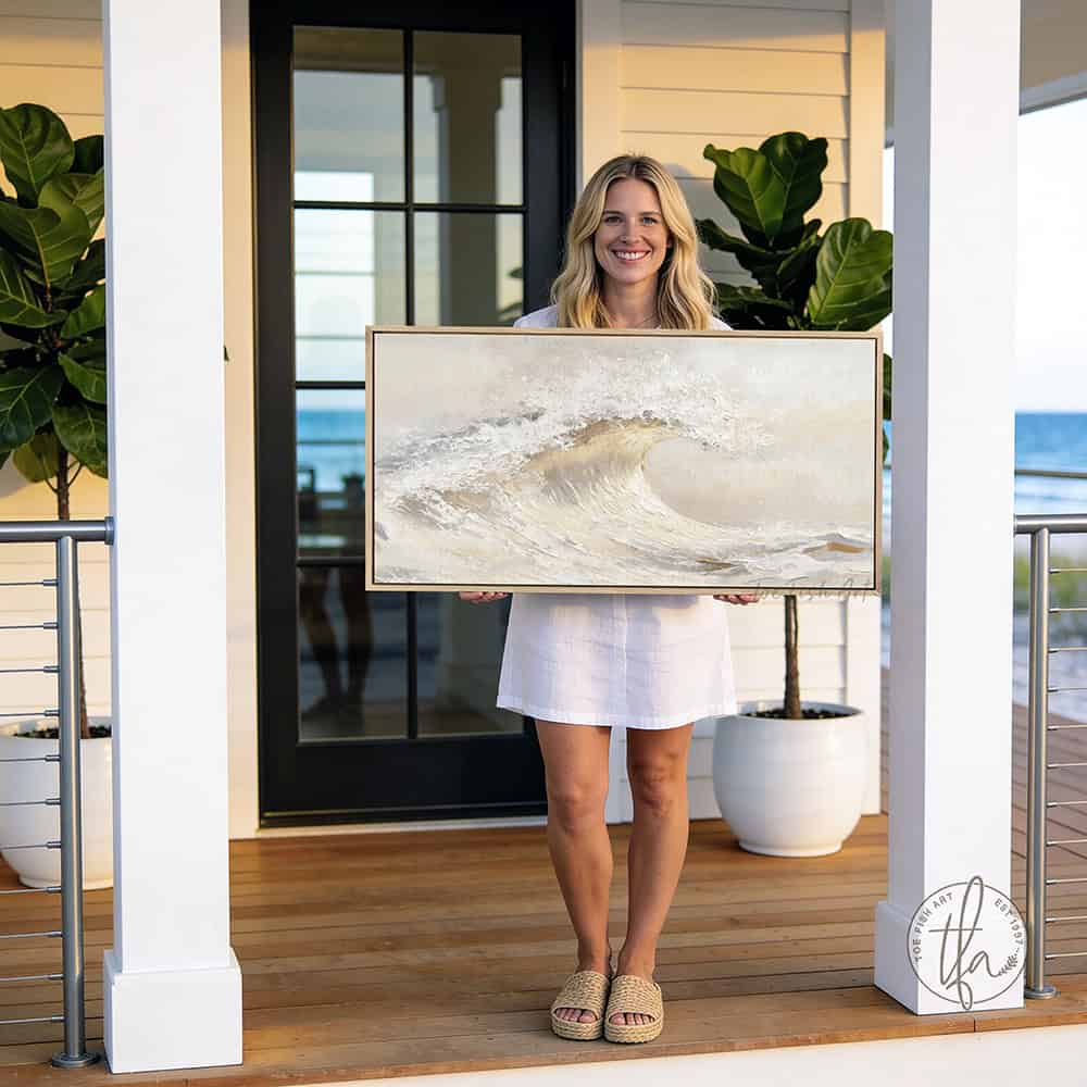 Bring coastal serenity into your home with this stunning Ocean Wave Wall Art exclusively by Toe Fish Art. The color palette is serene neutral tones—soft creams, warm grays, and natural sand hues—with luminous golden sunlight. Be surrounded by decor you LOVE! Choose premium framed canvas or durable outdoor metal. Toe Fish Art makes artisan wall art with American materials. Proudly Made in the USA, each piece is expertly constructed with genuine craftsmanship, heritage quality, and rustic charm.