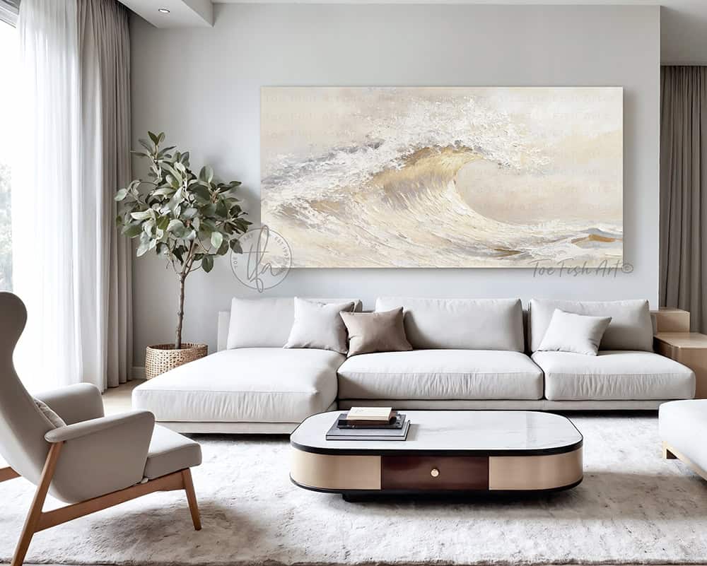 Bring coastal serenity into your home with this stunning Ocean Wave Wall Art exclusively by Toe Fish Art. The color palette is serene neutral tones—soft creams, warm grays, and natural sand hues—with luminous golden sunlight. Be surrounded by decor you LOVE! Choose premium framed canvas or durable outdoor metal. Toe Fish Art makes artisan wall art with American materials. Proudly Made in the USA, each piece is expertly constructed with genuine craftsmanship, heritage quality, and rustic charm.
