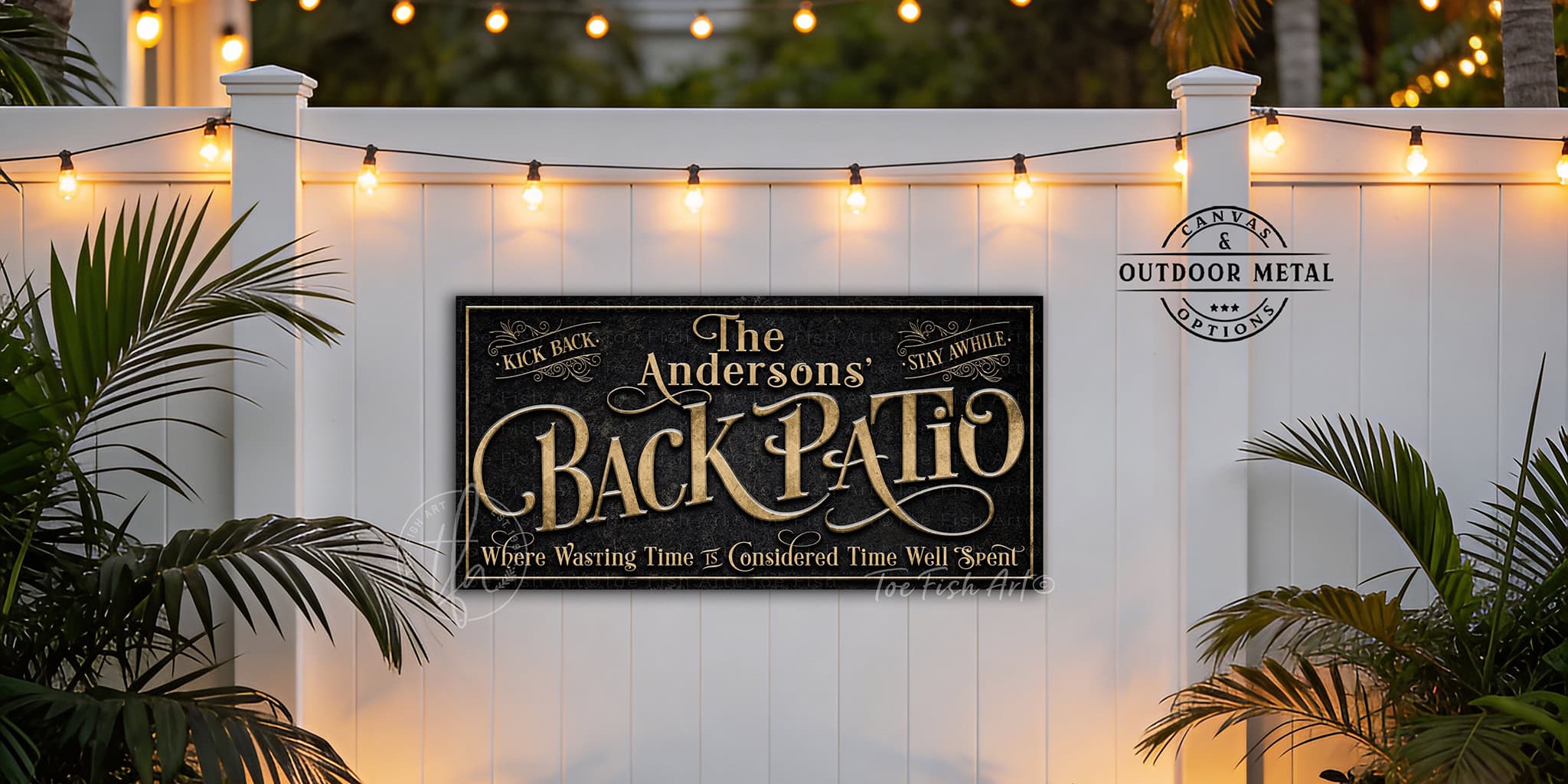 Toe Fish Art specializes in handcrafting personalized back patio family name signs that bring custom style to your outdoor living space. Handcrafted with your family name and popular sayings in classic vintage black and rustic gold for endless summer vibes. Choose between premium framed canvas or durable outdoor metal. Toe Fish Art makes artisan wall art with American materials. Proudly Made in the USA, each piece is expertly constructed with genuine craftsmanship, heritage quality, and rustic charm.