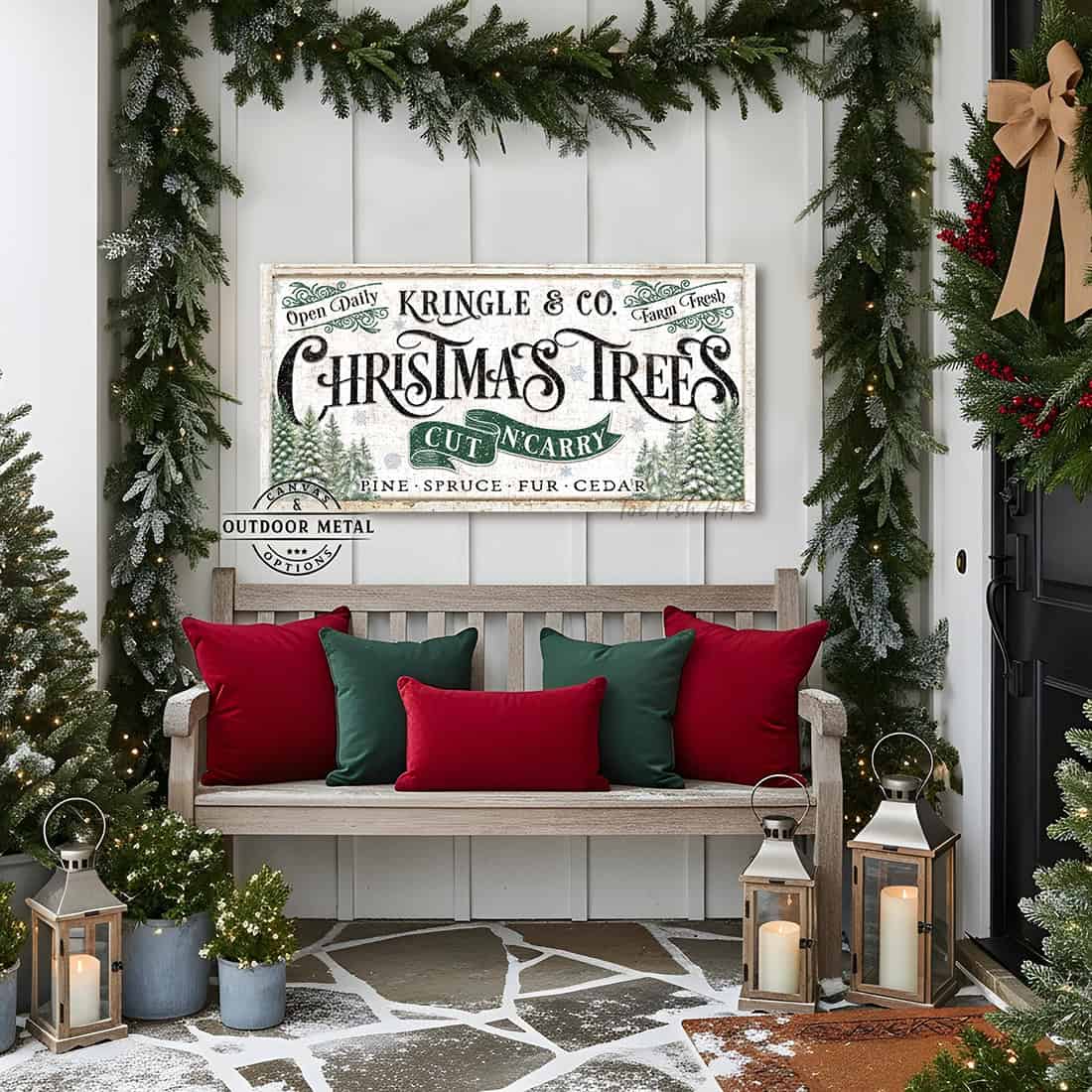 Toe Fish Art brings a touch of nostalgic charm to your holiday season with this old-fashioned indoor-outdoor vintage Christmas decoration, personalized with your family name and established date. This Cut n' Carry Christmas Trees Personalized Canvas or Outdoor Metal Cottage Decor Sign with rustic color options welcomes guests to your holiday celebrations all season long. Handmade to order in the USA in a large selection of sizes and materials to fit your home.