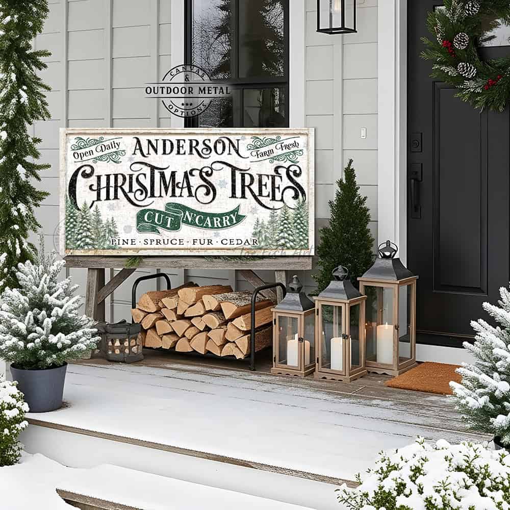 Toe Fish Art brings a touch of nostalgic charm to your holiday season with this old-fashioned indoor-outdoor vintage Christmas decoration, personalized with your family name and established date. This Cut n' Carry Christmas Trees Personalized Canvas or Outdoor Metal Cottage Decor Sign with rustic color options welcomes guests to your holiday celebrations all season long. Handmade to order in the USA in a large selection of sizes and materials to fit your home.