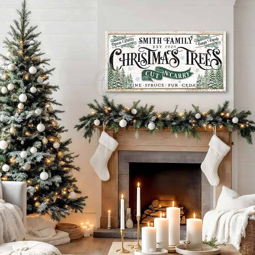 Toe Fish Art brings a touch of nostalgic charm to your holiday season with this old-fashioned indoor-outdoor vintage Christmas decoration, personalized with your family name and established date. This Cut n' Carry Christmas Trees Personalized Canvas or Outdoor Metal Cottage Decor Sign with rustic color options welcomes guests to your holiday celebrations all season long. Handmade to order in the USA in a large selection of sizes and materials to fit your home.