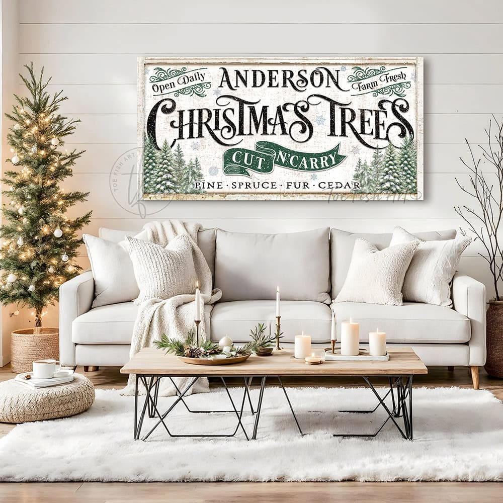 Toe Fish Art brings a touch of nostalgic charm to your holiday season with this old-fashioned indoor-outdoor vintage Christmas decoration, personalized with your family name and established date. This Cut n' Carry Christmas Trees Personalized Canvas or Outdoor Metal Cottage Decor Sign with rustic color options welcomes guests to your holiday celebrations all season long. Handmade to order in the USA in a large selection of sizes and materials to fit your home.