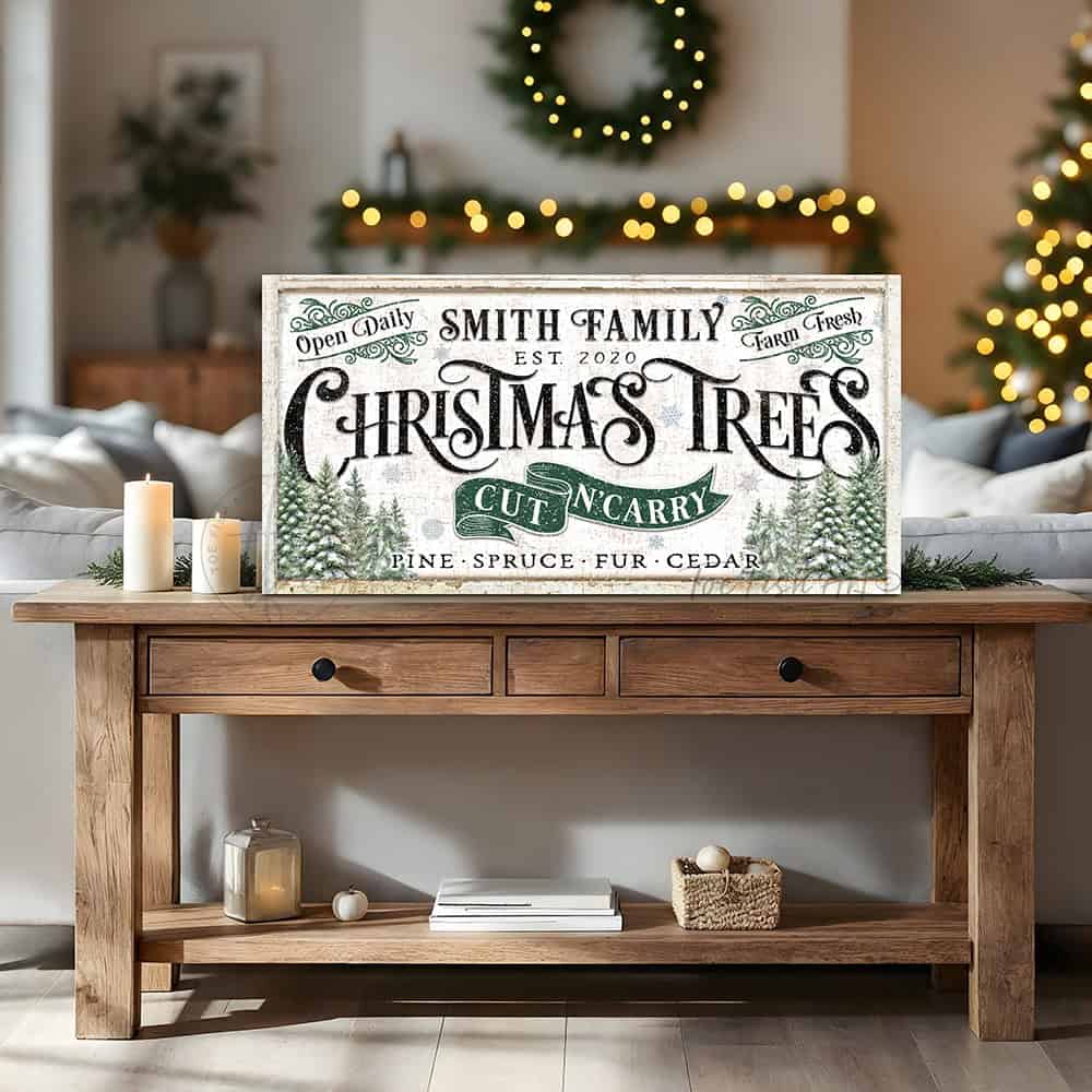 Toe Fish Art brings a touch of nostalgic charm to your holiday season with this old-fashioned indoor-outdoor vintage Christmas decoration, personalized with your family name and established date. This Cut n' Carry Christmas Trees Personalized Canvas or Outdoor Metal Cottage Decor Sign with rustic color options welcomes guests to your holiday celebrations all season long. Handmade to order in the USA in a large selection of sizes and materials to fit your home.