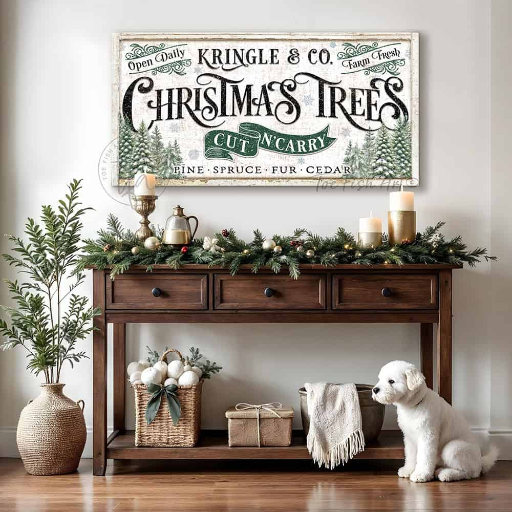 Toe Fish Art brings a touch of nostalgic charm to your holiday season with this old-fashioned indoor-outdoor vintage Christmas decoration, personalized with your family name and established date. This Cut n' Carry Christmas Trees Personalized Canvas or Outdoor Metal Cottage Decor Sign with rustic color options welcomes guests to your holiday celebrations all season long. Handmade to order in the USA in a large selection of sizes and materials to fit your home.