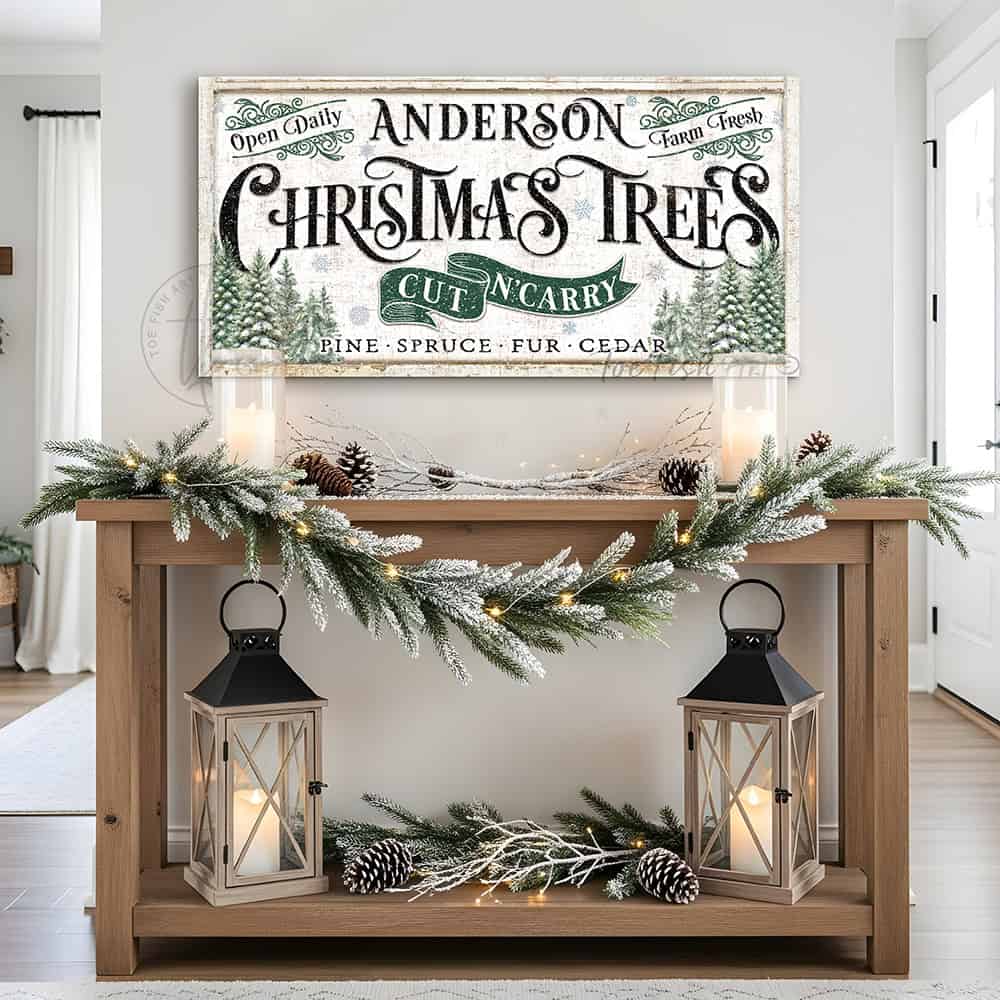 Toe Fish Art brings a touch of nostalgic charm to your holiday season with this old-fashioned indoor-outdoor vintage Christmas decoration, personalized with your family name and established date. This Cut n' Carry Christmas Trees Personalized Canvas or Outdoor Metal Cottage Decor Sign with rustic color options welcomes guests to your holiday celebrations all season long. Handmade to order in the USA in a large selection of sizes and materials to fit your home.