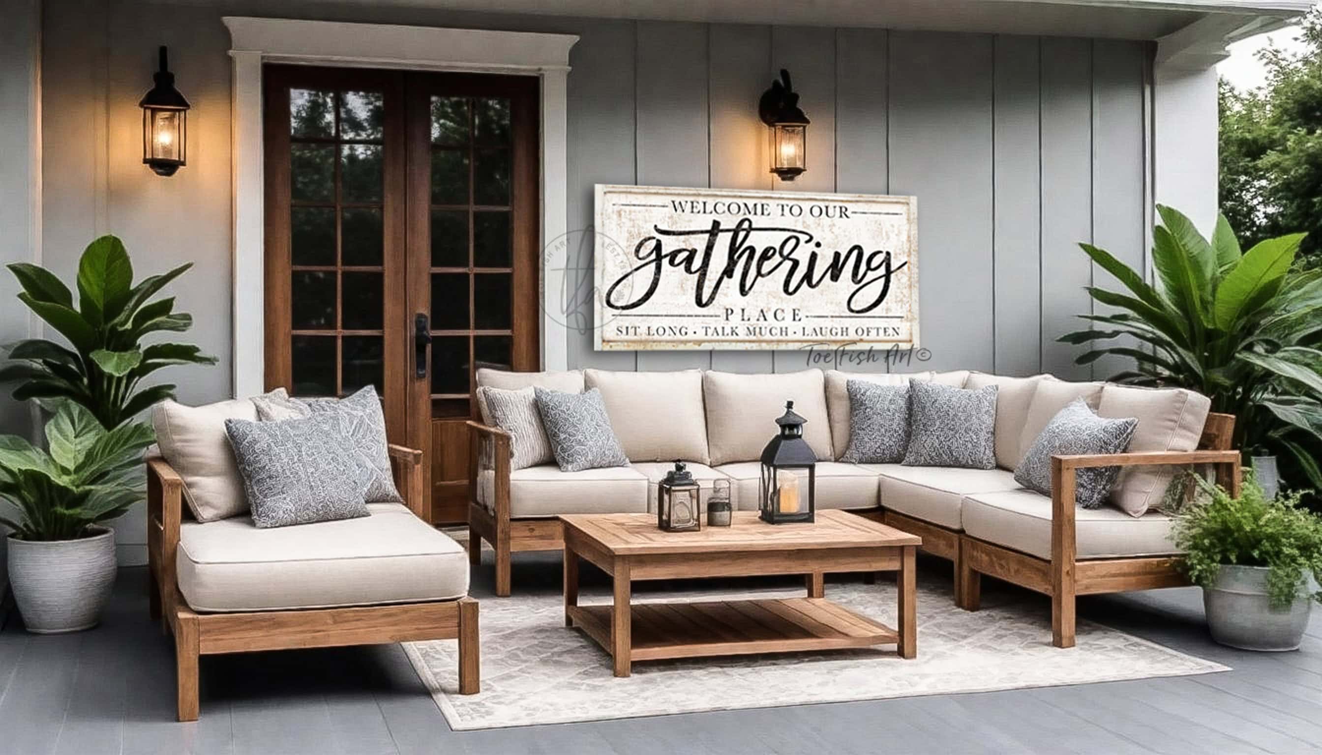 Bring family and friends together with our best-selling Personalized Gathering Place Sign — hand-lettered vintage style artwork custom-made for you by Toe Fish Art. Choose between premium framed canvas or durable outdoor metal. Toe Fish Art makes artisan wall art with American materials. Proudly Made in the USA, each piece is expertly constructed with genuine craftsmanship, heritage quality, and rustic charm.