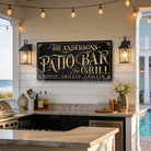 Personalized Patio Bar & Grill Sign by Toe Fish Art in vintage black and rustic gold. Add your own custom text or family name for a unique display. Ideal for summer vibes on patios, decks, outdoor kitchens, and backyard bar areas. Be surrounded by decor you LOVE! Choose between premium framed canvas or durable outdoor metal. Toe Fish Art makes artisan wall art with American materials. Proudly Made in the USA, each piece is expertly constructed with genuine craftsmanship, heritage quality, and rustic charm.