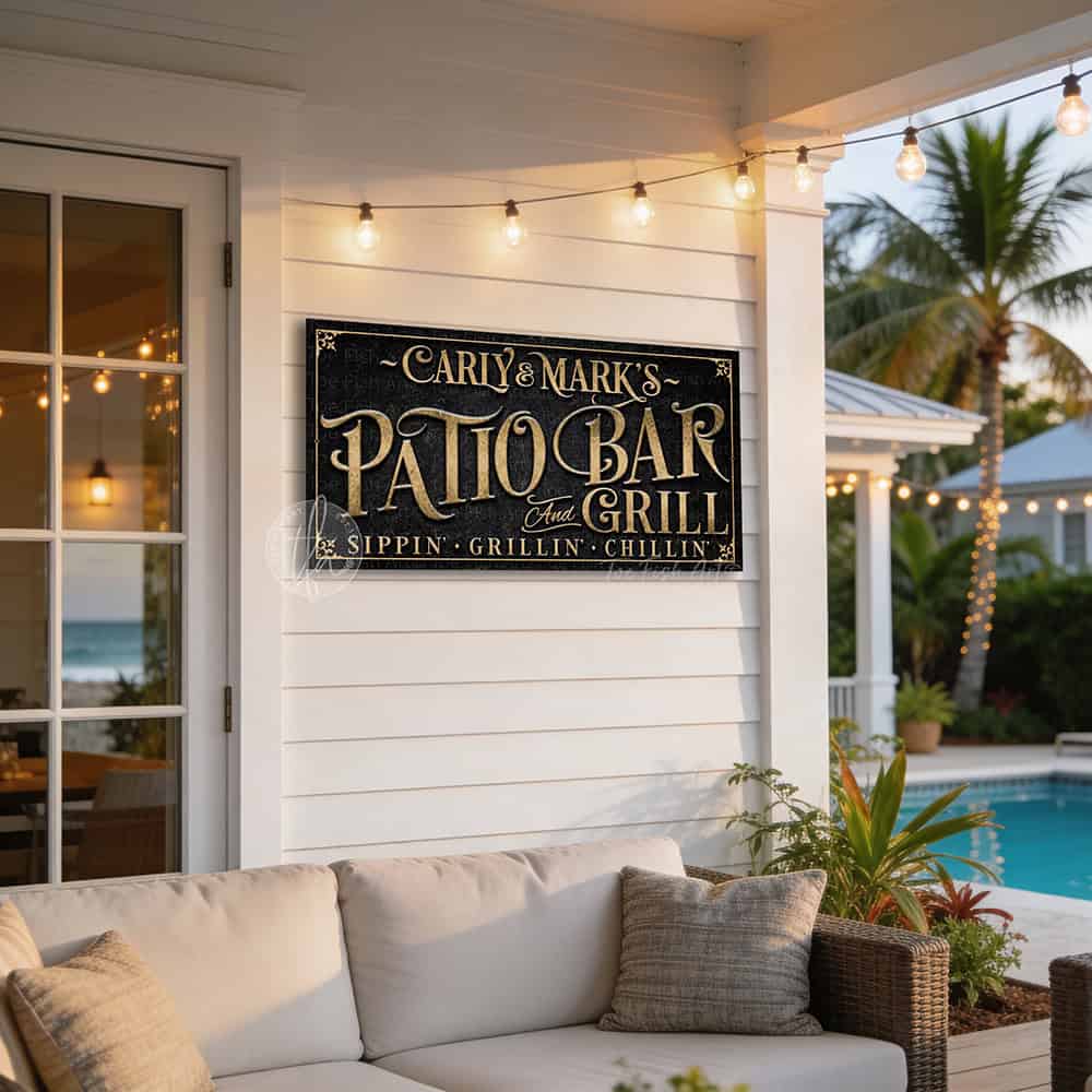 Personalized Patio Bar & Grill Sign by Toe Fish Art in vintage black and rustic gold. Add your own custom text or family name for a unique display. Ideal for summer vibes on patios, decks, outdoor kitchens, and backyard bar areas. Be surrounded by decor you LOVE! Choose between premium framed canvas or durable outdoor metal. Toe Fish Art makes artisan wall art with American materials. Proudly Made in the USA, each piece is expertly constructed with genuine craftsmanship, heritage quality, and rustic charm.