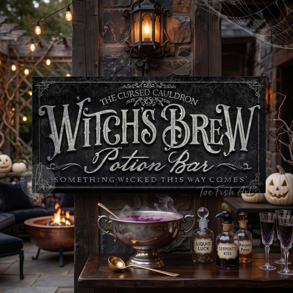 Create the ultimate Halloween home bar, coffee station, or porch display with this personalized Witch’s Brew Potion Bar sign from Toe Fish Art, built for interior and exterior spaces. Choose between premium framed canvas or durable outdoor metal. Toe Fish Art makes artisan wall art with American materials. Proudly Made in the USA, each piece is expertly constructed with genuine craftsmanship, heritage quality, and rustic charm.
