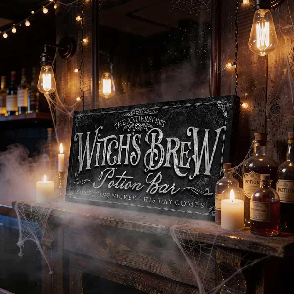 Create the ultimate Halloween home bar, coffee station, or porch display with this personalized Witch’s Brew Potion Bar sign from Toe Fish Art, built for interior and exterior spaces. Choose between premium framed canvas or durable outdoor metal. Toe Fish Art makes artisan wall art with American materials. Proudly Made in the USA, each piece is expertly constructed with genuine craftsmanship, heritage quality, and rustic charm.