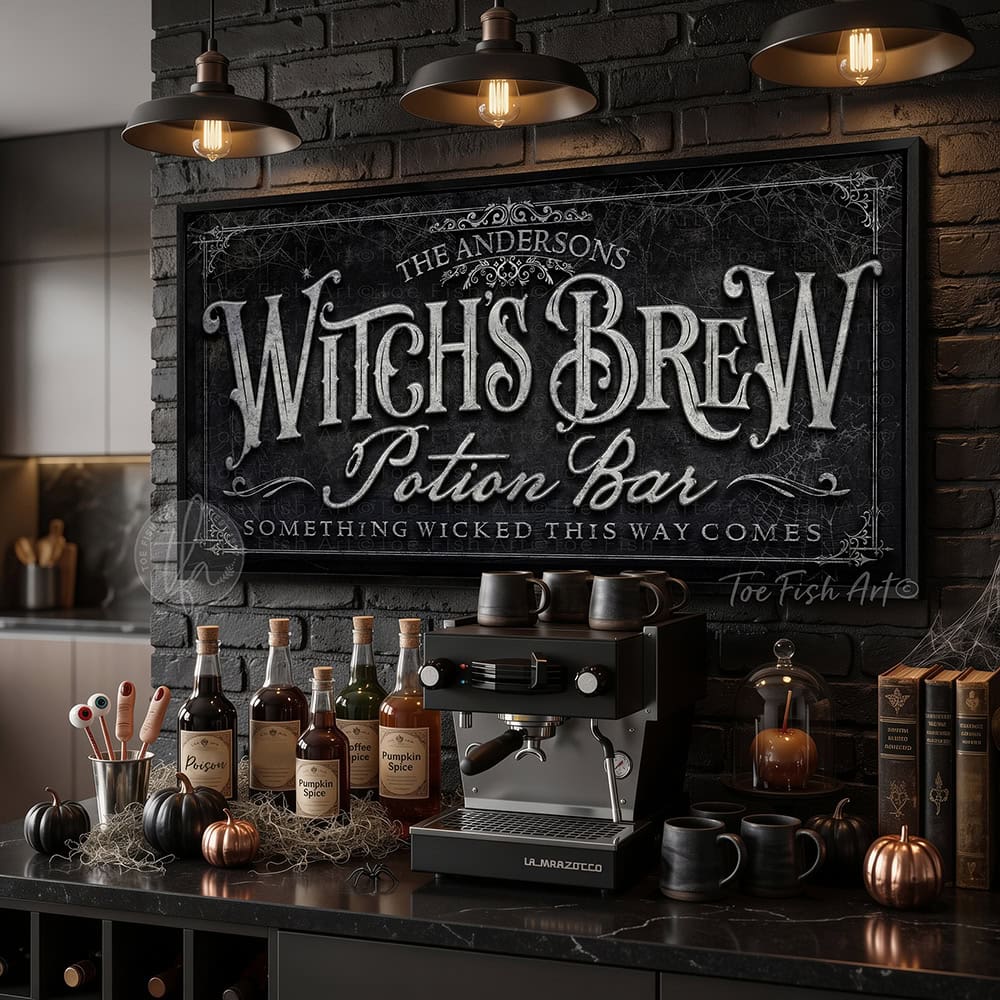 Create the ultimate Halloween home bar, coffee station, or porch display with this personalized Witch’s Brew Potion Bar sign from Toe Fish Art, built for interior and exterior spaces. Choose between premium framed canvas or durable outdoor metal. Toe Fish Art makes artisan wall art with American materials. Proudly Made in the USA, each piece is expertly constructed with genuine craftsmanship, heritage quality, and rustic charm.