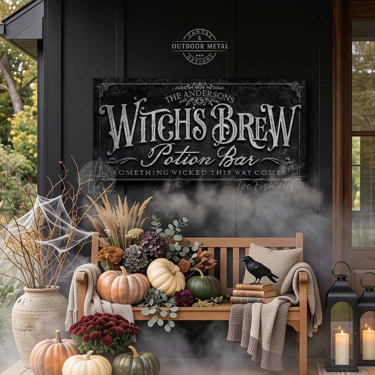 Create the ultimate Halloween home bar, coffee station, or porch display with this personalized Witch’s Brew Potion Bar sign from Toe Fish Art, built for interior and exterior spaces. Choose between premium framed canvas or durable outdoor metal. Toe Fish Art makes artisan wall art with American materials. Proudly Made in the USA, each piece is expertly constructed with genuine craftsmanship, heritage quality, and rustic charm.