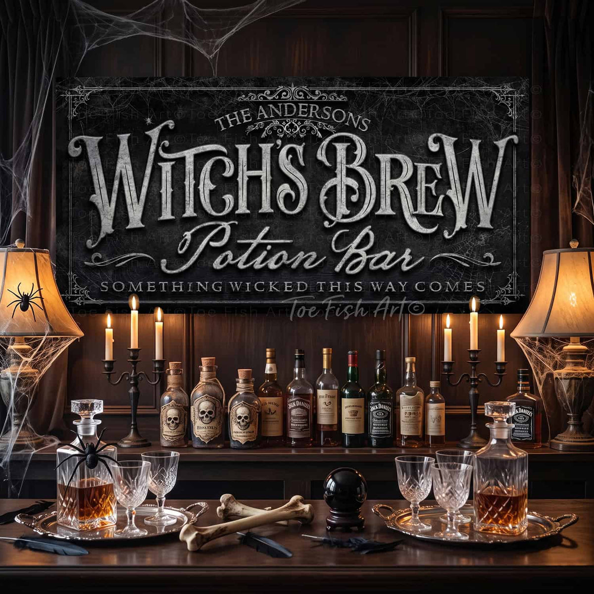 Create the ultimate Halloween home bar, coffee station, or porch display with this personalized Witch’s Brew Potion Bar sign from Toe Fish Art, built for interior and exterior spaces. Choose between premium framed canvas or durable outdoor metal. Toe Fish Art makes artisan wall art with American materials. Proudly Made in the USA, each piece is expertly constructed with genuine craftsmanship, heritage quality, and rustic charm.