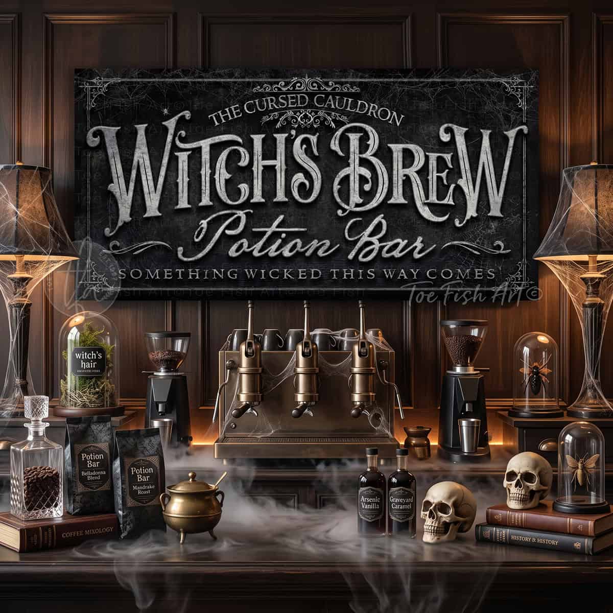 Create the ultimate Halloween home bar, coffee station, or porch display with this personalized Witch’s Brew Potion Bar sign from Toe Fish Art, built for interior and exterior spaces. Choose between premium framed canvas or durable outdoor metal. Toe Fish Art makes artisan wall art with American materials. Proudly Made in the USA, each piece is expertly constructed with genuine craftsmanship, heritage quality, and rustic charm.