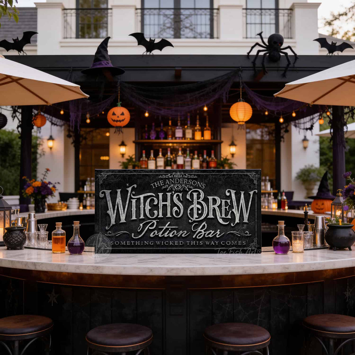 Create the ultimate Halloween home bar, coffee station, or porch display with this personalized Witch’s Brew Potion Bar sign from Toe Fish Art, built for interior and exterior spaces. Choose between premium framed canvas or durable outdoor metal. Toe Fish Art makes artisan wall art with American materials. Proudly Made in the USA, each piece is expertly constructed with genuine craftsmanship, heritage quality, and rustic charm.