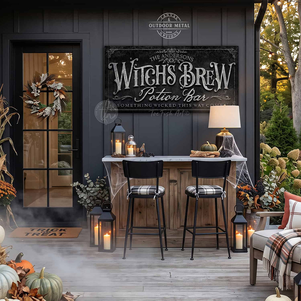 Create the ultimate Halloween home bar, coffee station, or porch display with this personalized Witch’s Brew Potion Bar sign from Toe Fish Art, built for interior and exterior spaces. Choose between premium framed canvas or durable outdoor metal. Toe Fish Art makes artisan wall art with American materials. Proudly Made in the USA, each piece is expertly constructed with genuine craftsmanship, heritage quality, and rustic charm.