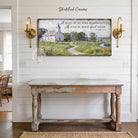 This Psalm 23:2 vintage landscape painting by Toe Fish Art captures spiritual peace through a rustic countryside pastoral church scene, featuring farmhouse cottagecore aesthetics with natural earth tones of soft greens, white, and blues. Be surrounded by decor you LOVE! Choose premium framed canvas or durable outdoor metal. Toe Fish Art makes artisan wall art with American materials. Proudly Made in the USA, each piece is expertly constructed with genuine craftsmanship, heritage quality, and rustic charm.
