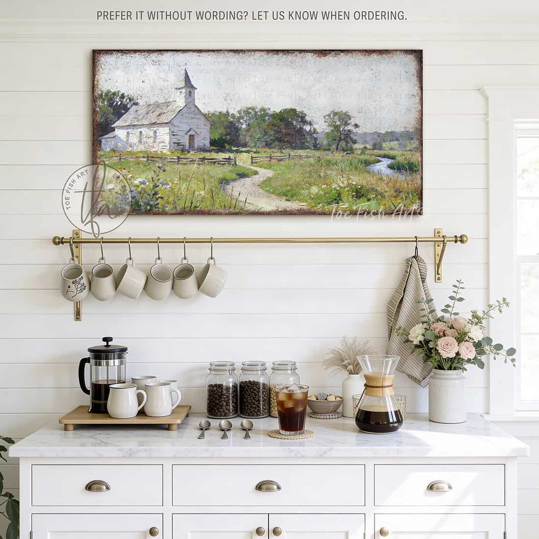 This Psalm 23:2 vintage landscape painting by Toe Fish Art captures spiritual peace through a rustic countryside pastoral church scene, featuring farmhouse cottagecore aesthetics with natural earth tones of soft greens, white, and blues. Be surrounded by decor you LOVE! Choose premium framed canvas or durable outdoor metal. Toe Fish Art makes artisan wall art with American materials. Proudly Made in the USA, each piece is expertly constructed with genuine craftsmanship, heritage quality, and rustic charm.