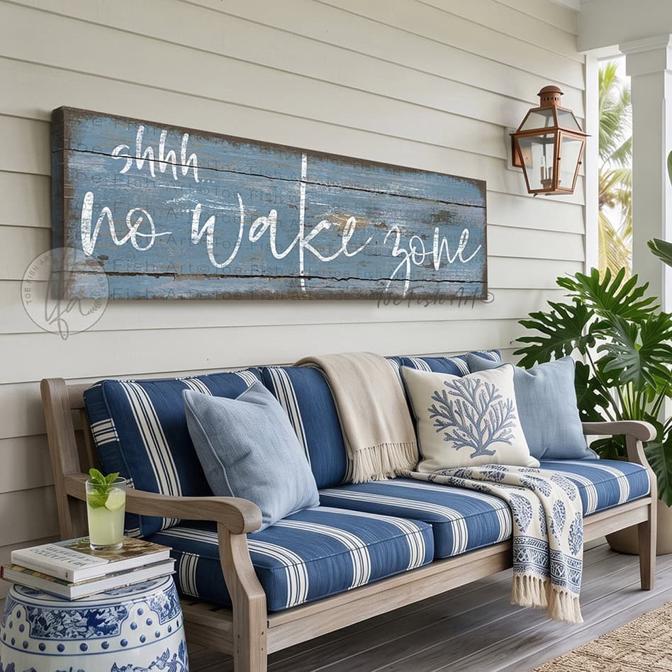 Bring laid-back lake life to your space with Toe Fish Art's "Shhh… No Wake Zone" sign. Featuring a weathered rustic blue finish, hand-lettered white typography, and the look of reclaimed wood, this timeless but trendy design adds relaxed coastal vibes. Choose between premium framed canvas or durable outdoor metal. Toe Fish Art makes artisan wall art with American materials. Proudly Made in the USA, each piece is expertly constructed with genuine craftsmanship, heritage quality, and rustic charm.