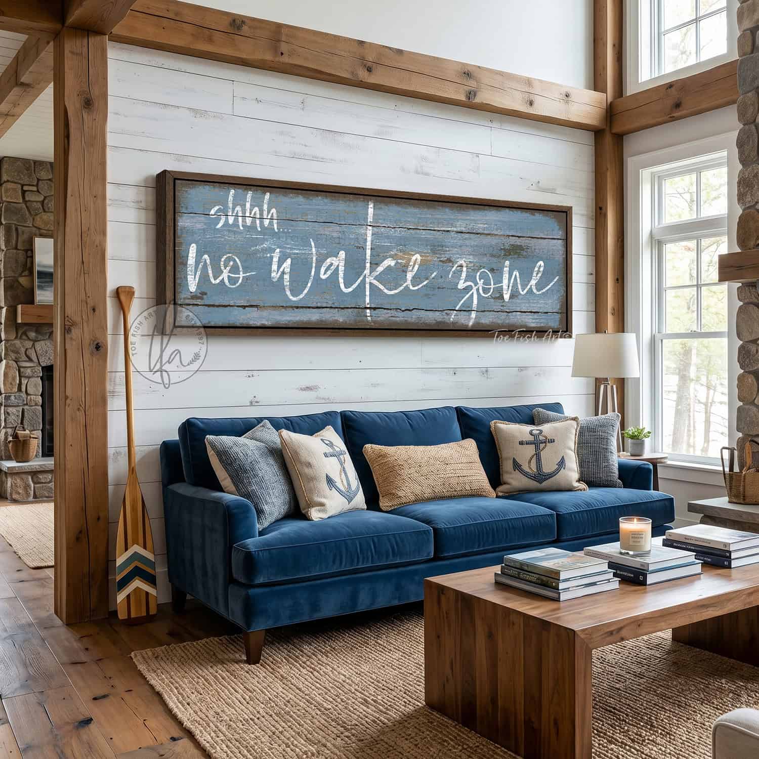 Bring laid-back lake life to your space with Toe Fish Art's "Shhh… No Wake Zone" sign. Featuring a weathered rustic blue finish, hand-lettered white typography, and the look of reclaimed wood, this timeless but trendy design adds relaxed coastal vibes. Choose between premium framed canvas or durable outdoor metal. Toe Fish Art makes artisan wall art with American materials. Proudly Made in the USA, each piece is expertly constructed with genuine craftsmanship, heritage quality, and rustic charm.