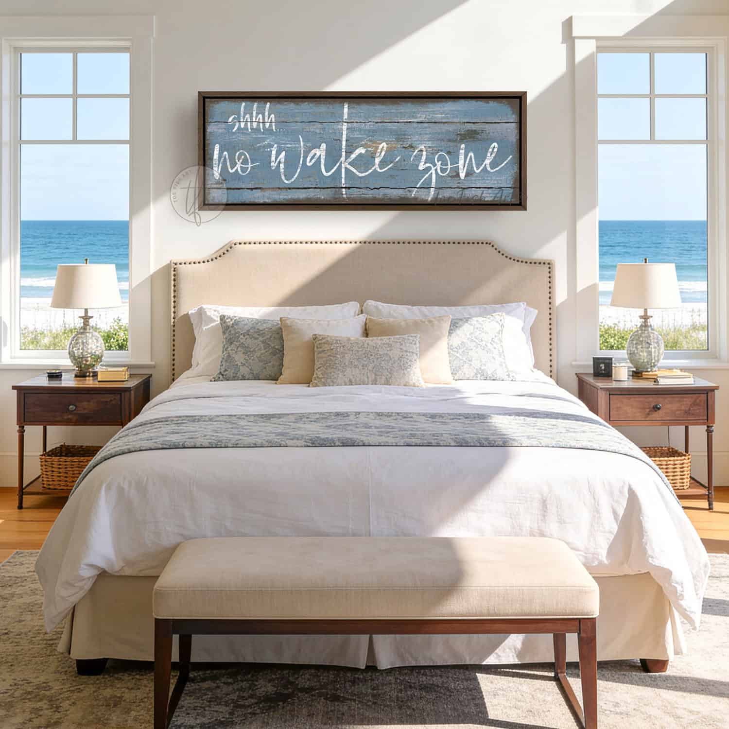 Bring laid-back lake life to your space with Toe Fish Art's "Shhh… No Wake Zone" sign. Featuring a weathered rustic blue finish, hand-lettered white typography, and the look of reclaimed wood, this timeless but trendy design adds relaxed coastal vibes. Choose between premium framed canvas or durable outdoor metal. Toe Fish Art makes artisan wall art with American materials. Proudly Made in the USA, each piece is expertly constructed with genuine craftsmanship, heritage quality, and rustic charm.
