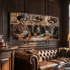 Add a kick to your bar & lounge, man cave, or game room with Toe Fish Art's bold western wall art featuring skeleton cowboys playing cards, drinking whiskey, and smoking cigars in a vintage saloon bar! Choose between premium framed canvas or durable outdoor metal. Toe Fish Art makes artisan wall art with American materials. Proudly Made in the USA, each piece is expertly constructed with genuine craftsmanship, heritage quality, and rustic charm.