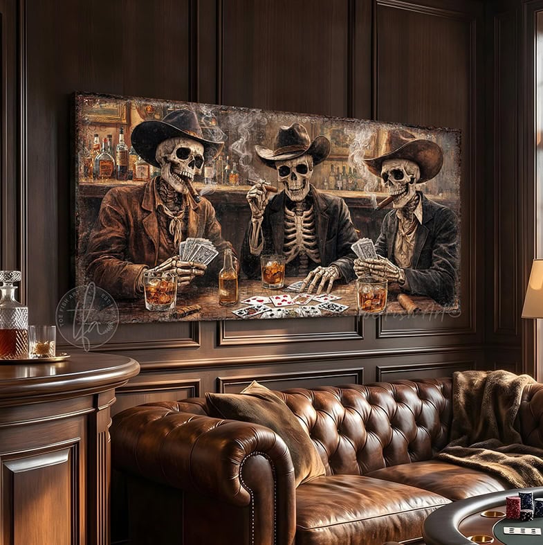 Add a kick to your bar & lounge, man cave, or game room with Toe Fish Art's bold western wall art featuring skeleton cowboys playing cards, drinking whiskey, and smoking cigars in a vintage saloon bar! Choose between premium framed canvas or durable outdoor metal. Toe Fish Art makes artisan wall art with American materials. Proudly Made in the USA, each piece is expertly constructed with genuine craftsmanship, heritage quality, and rustic charm.
