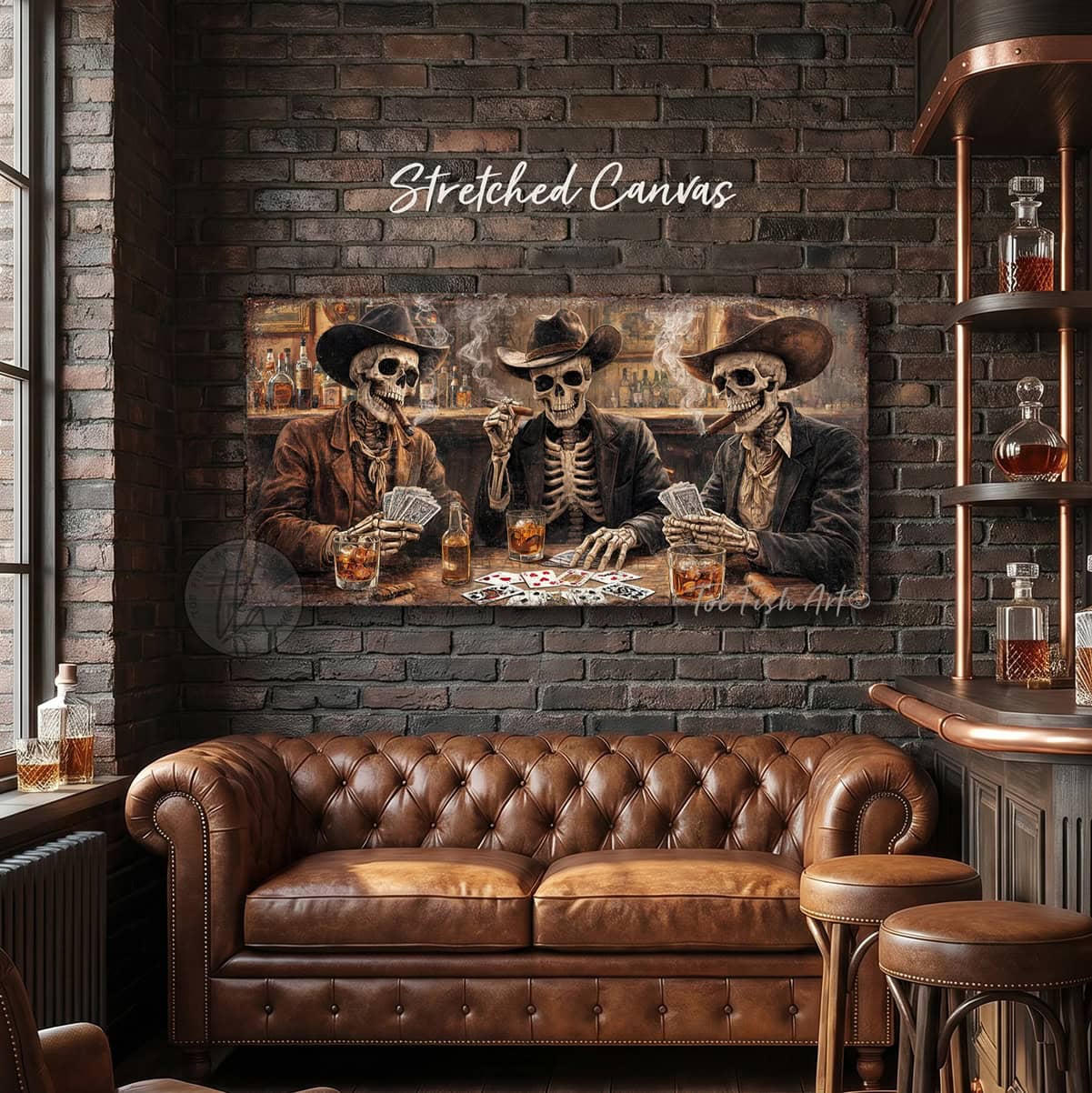 Add a kick to your bar & lounge, man cave, or game room with Toe Fish Art's bold western wall art featuring skeleton cowboys playing cards, drinking whiskey, and smoking cigars in a vintage saloon bar! Choose between premium framed canvas or durable outdoor metal. Toe Fish Art makes artisan wall art with American materials. Proudly Made in the USA, each piece is expertly constructed with genuine craftsmanship, heritage quality, and rustic charm.