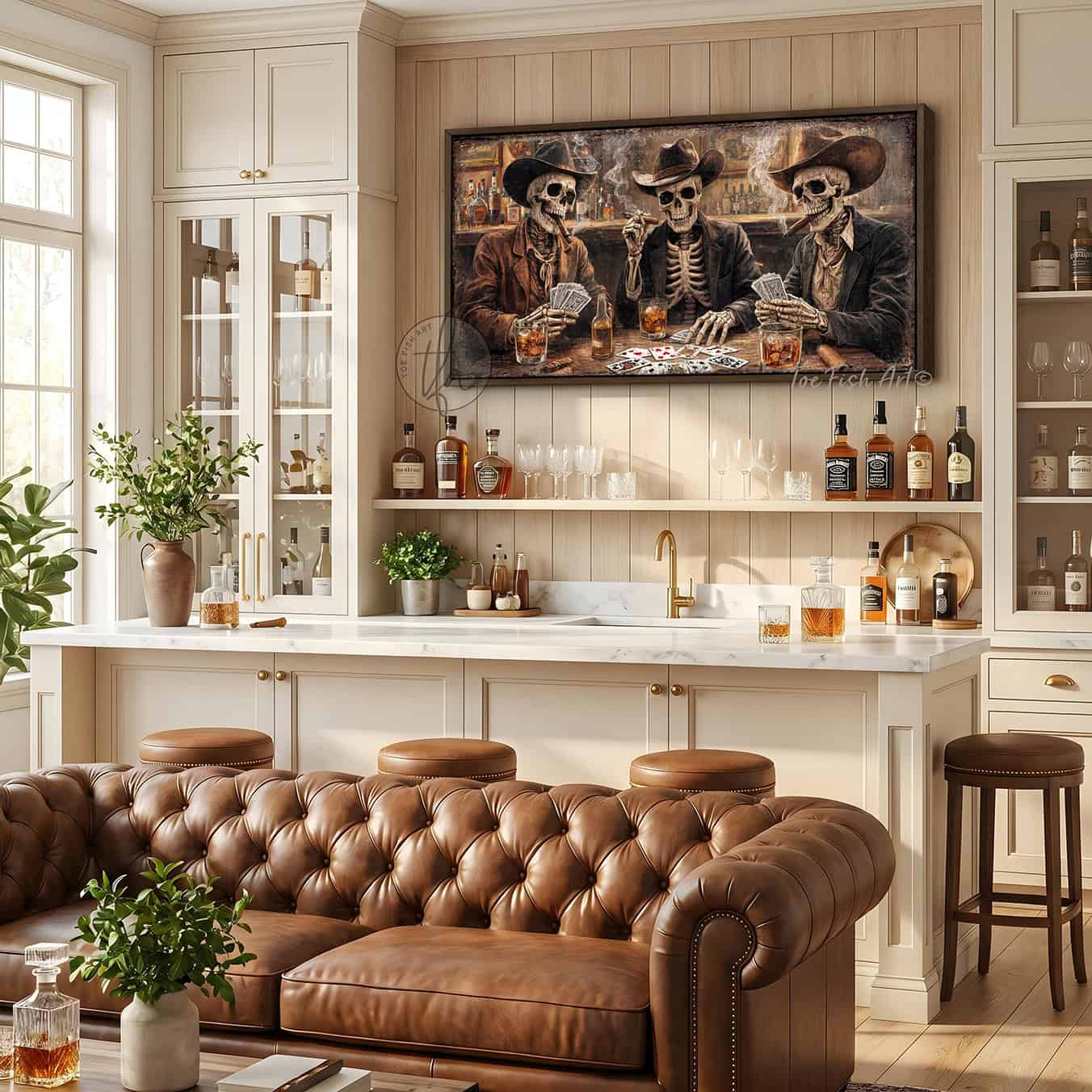 Add a kick to your bar & lounge, man cave, or game room with Toe Fish Art's bold western wall art featuring skeleton cowboys playing cards, drinking whiskey, and smoking cigars in a vintage saloon bar! Choose between premium framed canvas or durable outdoor metal. Toe Fish Art makes artisan wall art with American materials. Proudly Made in the USA, each piece is expertly constructed with genuine craftsmanship, heritage quality, and rustic charm.