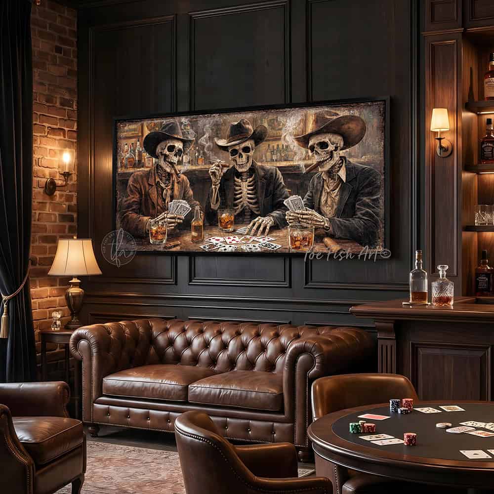 Add a kick to your bar & lounge, man cave, or game room with Toe Fish Art's bold western wall art featuring skeleton cowboys playing cards, drinking whiskey, and smoking cigars in a vintage saloon bar! Choose between premium framed canvas or durable outdoor metal. Toe Fish Art makes artisan wall art with American materials. Proudly Made in the USA, each piece is expertly constructed with genuine craftsmanship, heritage quality, and rustic charm.
