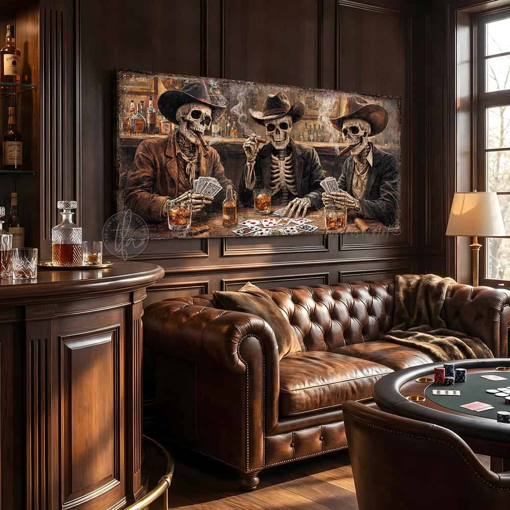 Add a kick to your bar & lounge, man cave, or game room with Toe Fish Art's bold western wall art featuring skeleton cowboys playing cards, drinking whiskey, and smoking cigars in a vintage saloon bar! Choose between premium framed canvas or durable outdoor metal. Toe Fish Art makes artisan wall art with American materials. Proudly Made in the USA, each piece is expertly constructed with genuine craftsmanship, heritage quality, and rustic charm.