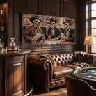 Add a kick to your bar & lounge, man cave, or game room with Toe Fish Art's bold western wall art featuring skeleton cowboys playing cards, drinking whiskey, and smoking cigars in a vintage saloon bar! Choose between premium framed canvas or durable outdoor metal. Toe Fish Art makes artisan wall art with American materials. Proudly Made in the USA, each piece is expertly constructed with genuine craftsmanship, heritage quality, and rustic charm.